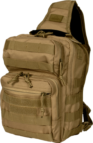 Tan tactical sling backpack with multiple compartments