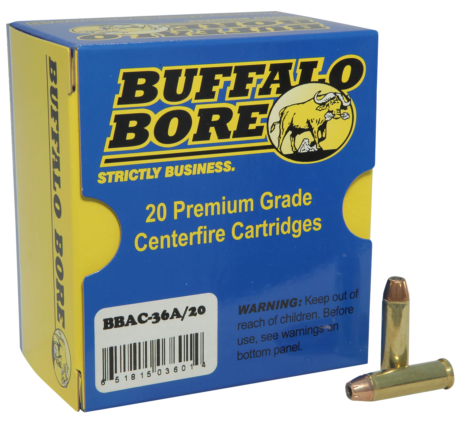 Box of Buffalo Bore centerfire cartridges with bullets