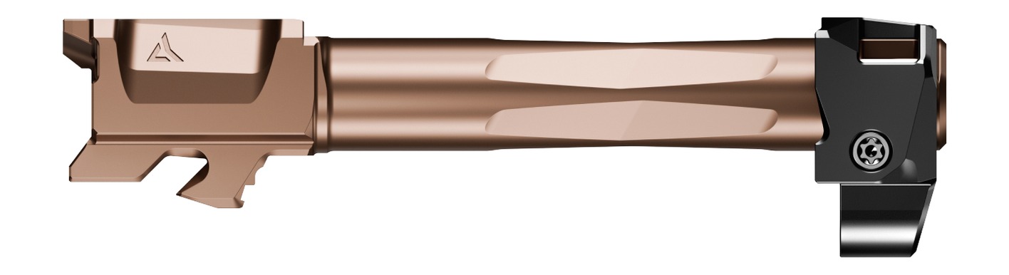 Bronze pistol barrel with black compensator attachment