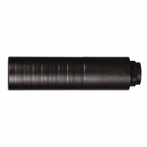 Black cylindrical firearm suppressor on white background