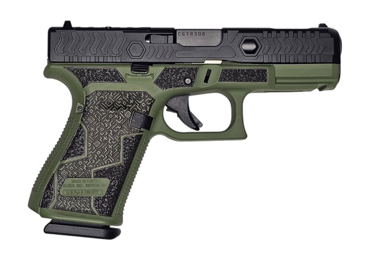 Green and black semi-automatic handgun side view