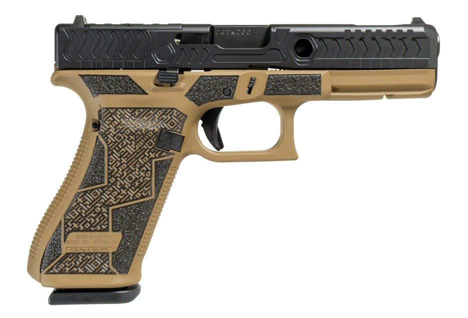 Tan and black semi-automatic handgun on white background