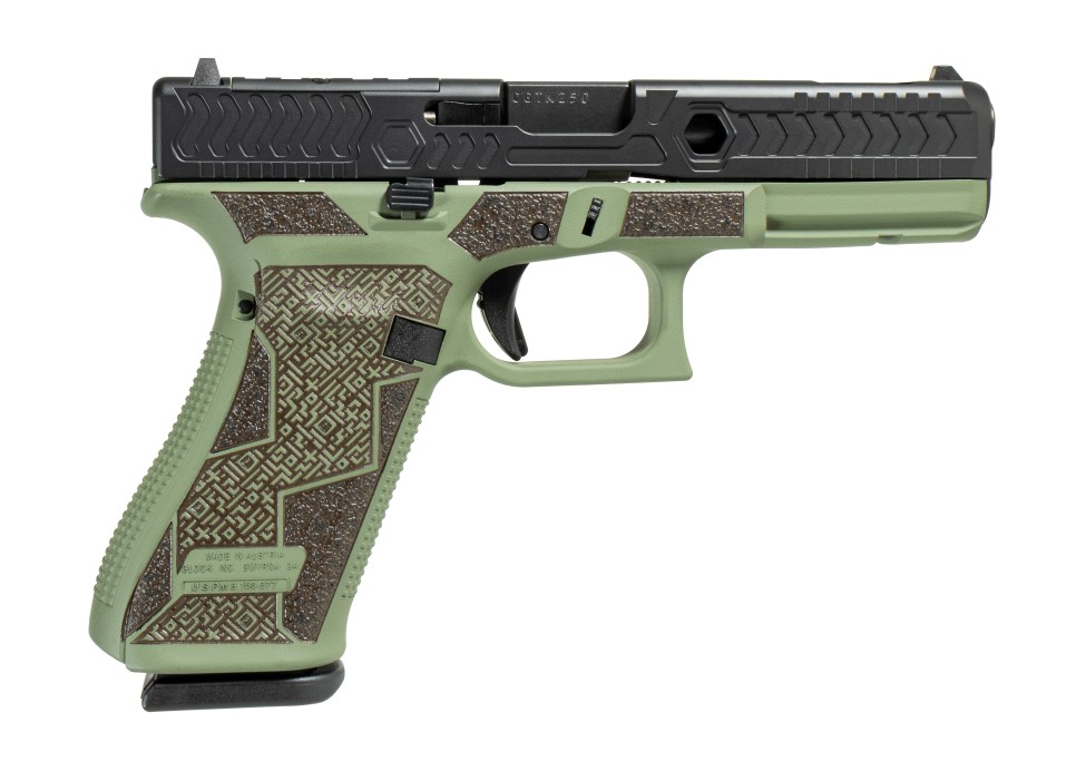 Green and black semi-automatic handgun on white background
