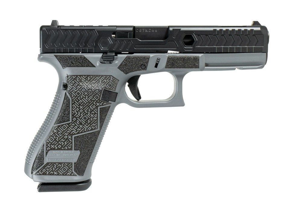 Black and gray semi-automatic handgun on white background