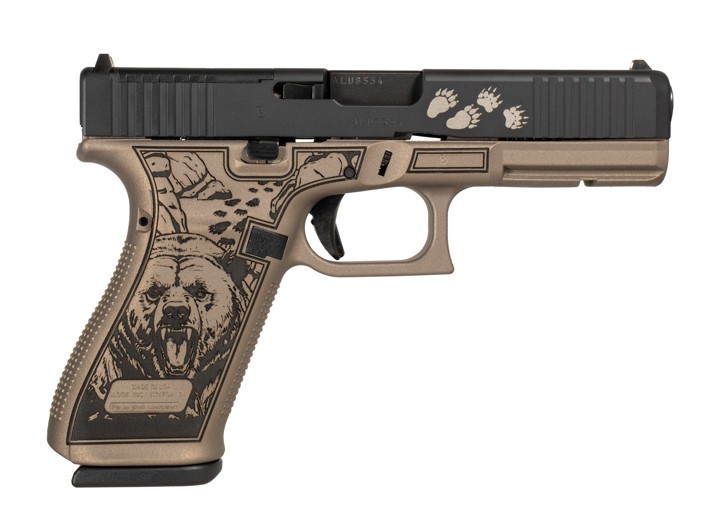 Custom engraved pistol with bear and paw prints