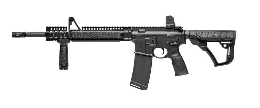 Modern tactical rifle displayed on a white background