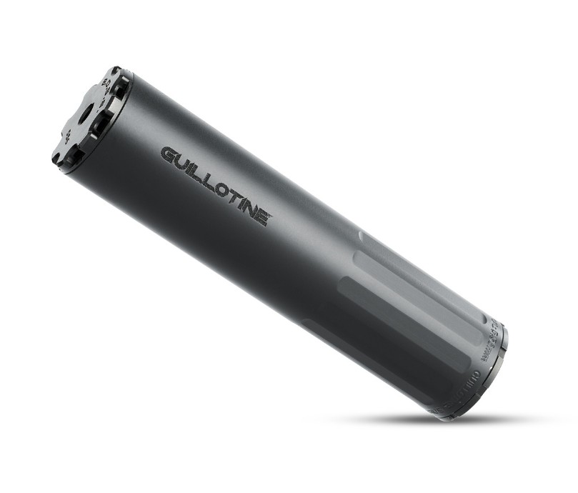 Gray cylindrical firearm suppressor labeled Guillotine