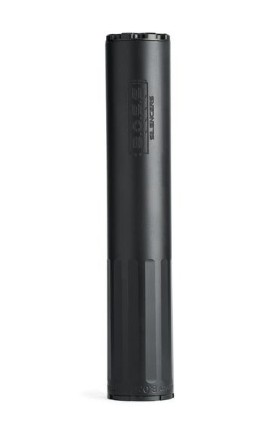 Black cylindrical firearm suppressor on white background