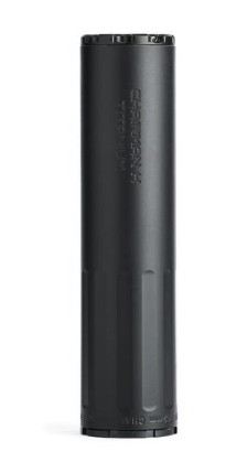 Black cylindrical firearm suppressor on white background