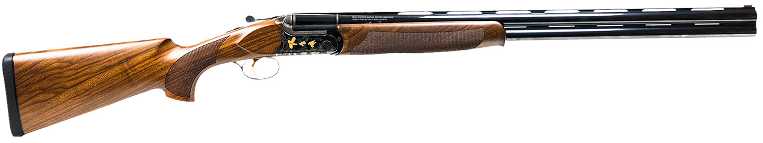 Side view of a wooden shotgun with black barrel.