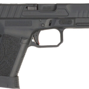 Black semi-automatic pistol on white background