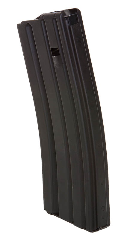 Black curved rifle magazine on white background