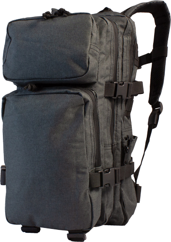Gray multi-compartment travel backpack with side straps