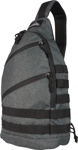 Gray sling backpack with black straps and zippers
