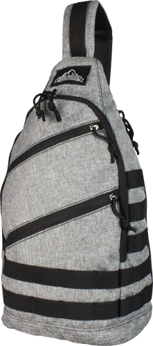Gray sling backpack with black stripes and zippers
