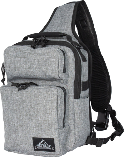 Gray sling backpack with multiple zippered compartments