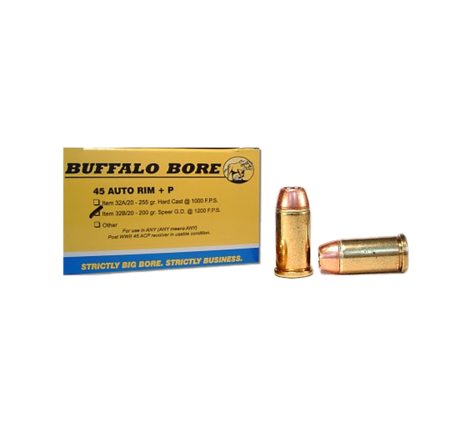 Box of Buffalo Bore .45 Auto Rim ammunition