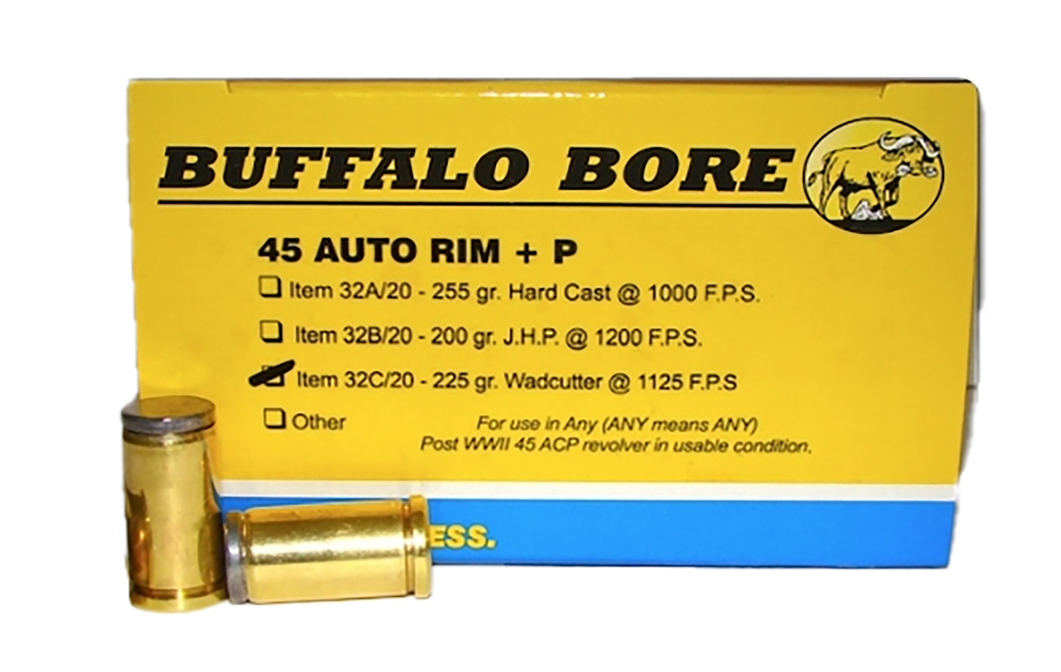 Box of Buffalo Bore .45 Auto Rim ammunition
