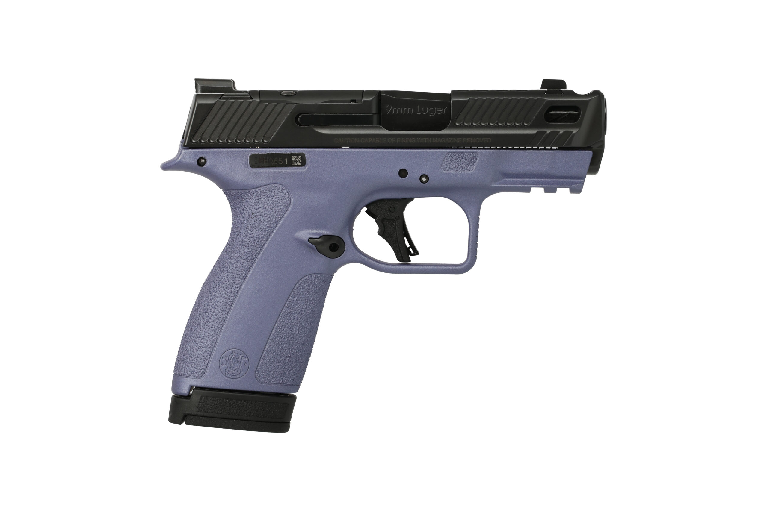 Purple handgun with a black slide