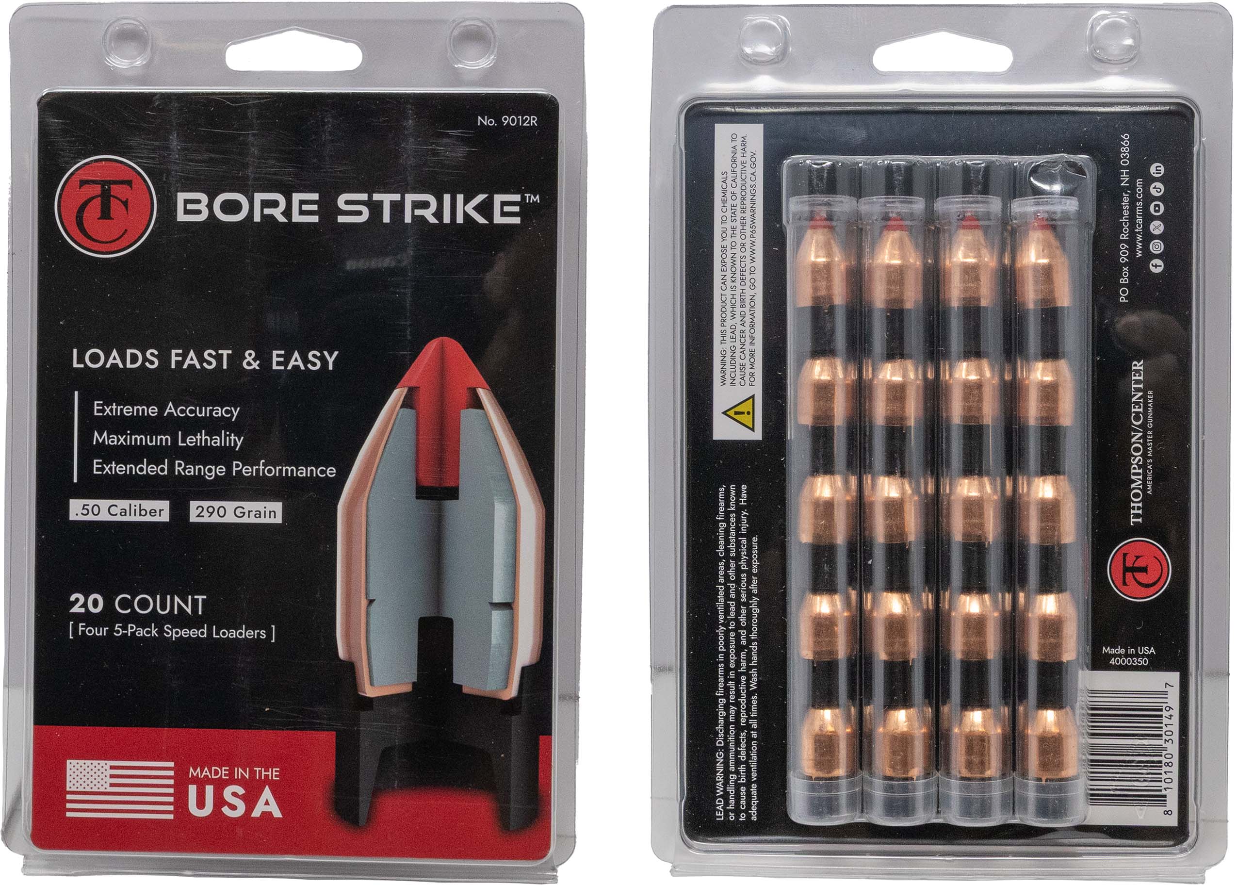 Bore Strike .50 caliber ammunition packaging and rounds