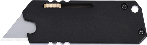 Black retractable utility knife with exposed blade