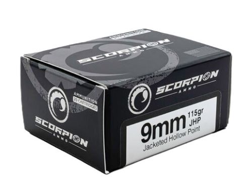 Box of Scorpion 9mm 115gr JHP ammunition