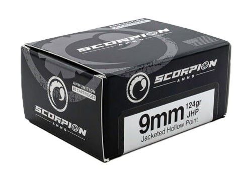 Box of Scorpion 9mm 124gr JHP ammunition