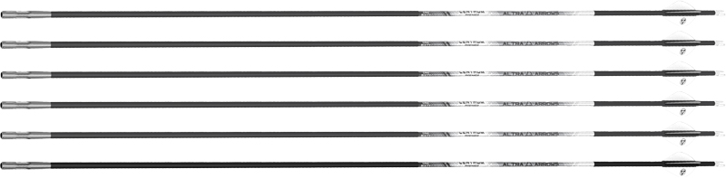 Six golf club shafts aligned horizontally