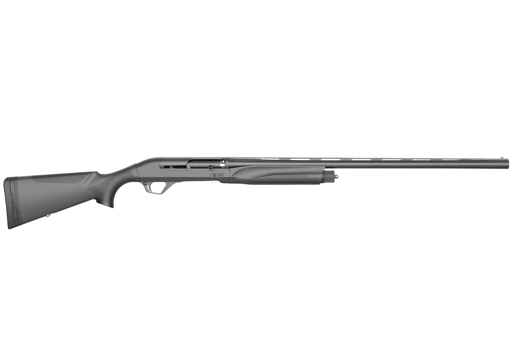 Side view of a black shotgun.