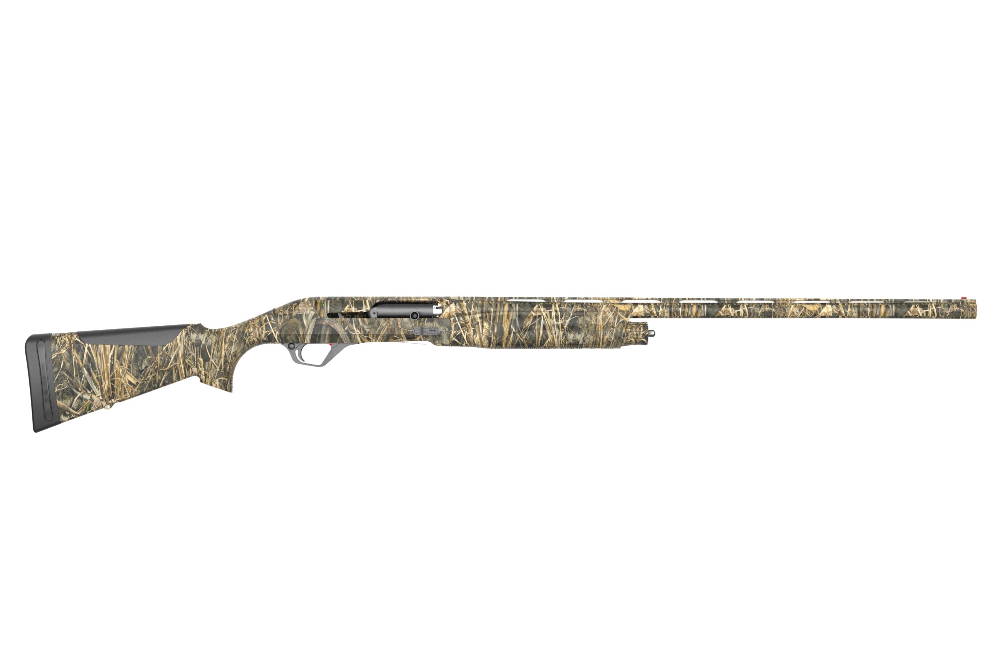 Camo-patterned shotgun on a white background