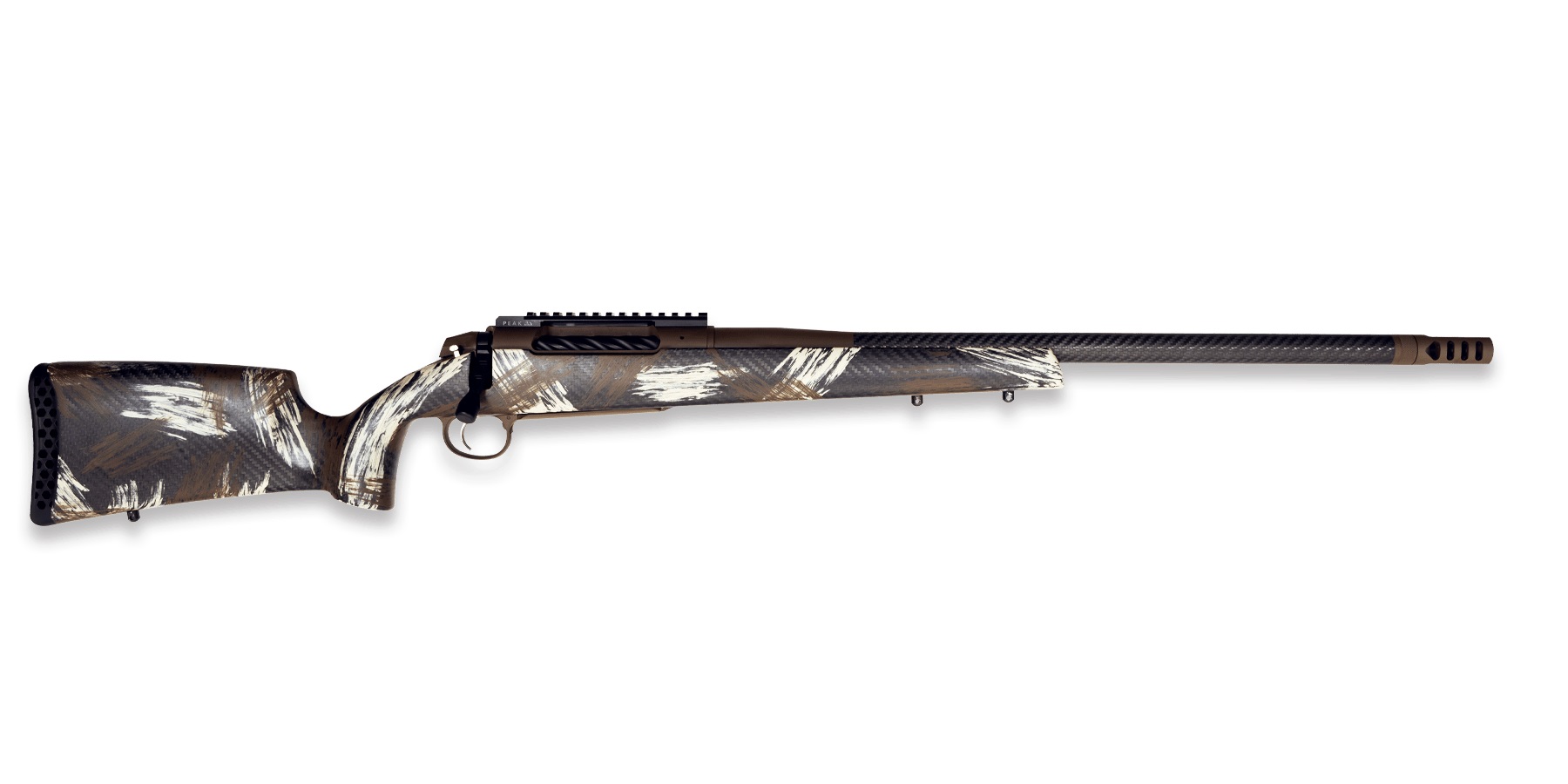 Bolt-action rifle with camo stock and carbon barrel