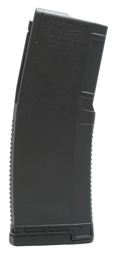 Black polymer rifle magazine on white background
