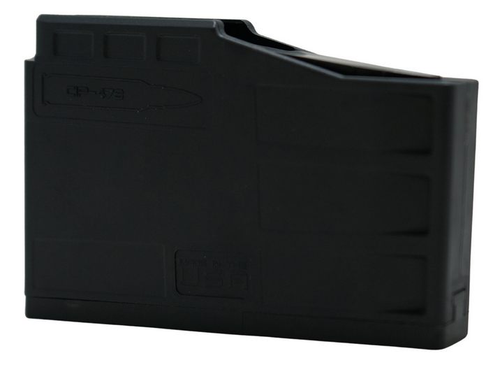 Black polymer rifle magazine on white background