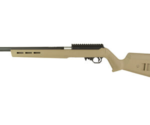 Tan bolt-action rifle on white background