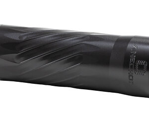 Black spiral-fluted firearm suppressor on white background