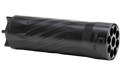 Black spiral-fluted firearm suppressor on white background