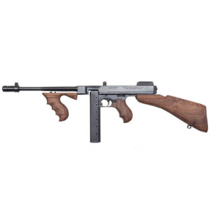 Vintage submachine gun with wooden stock and foregrip