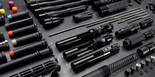 Arranged firearm components on a work surface