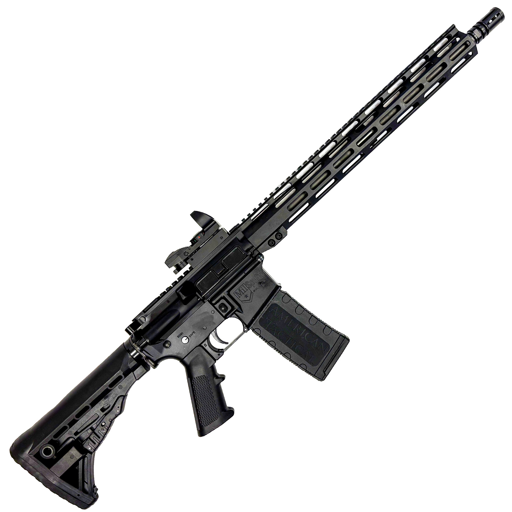 Black AR-15 style rifle on white background