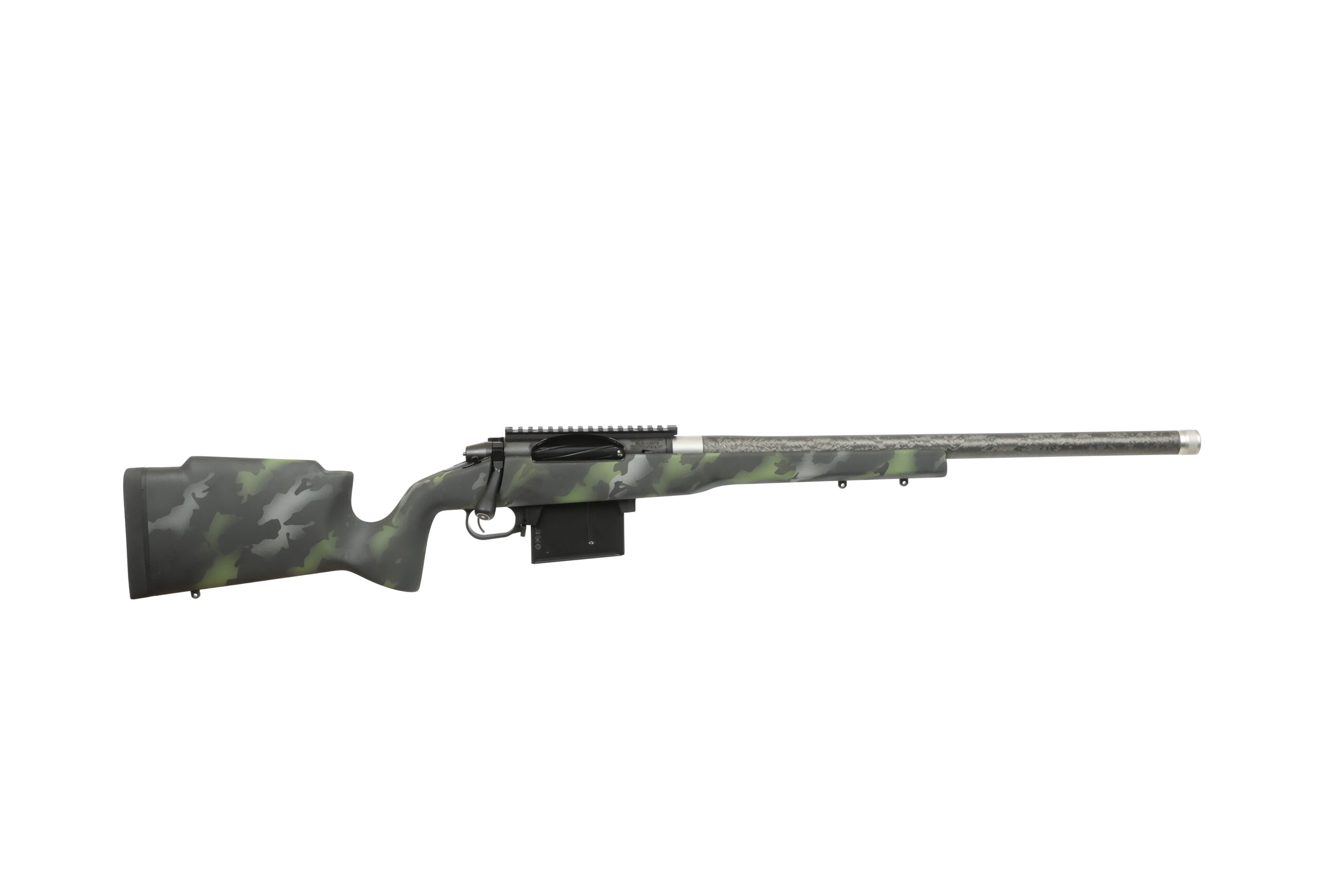 Camouflage bolt-action rifle with long barrel
