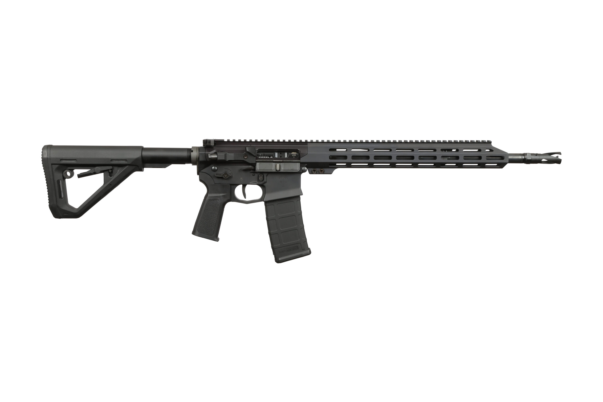 Black AR-15 style rifle on white background
