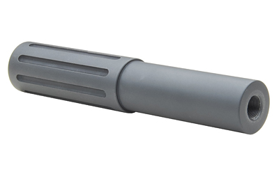 Gray cylindrical firearm suppressor with grooves.