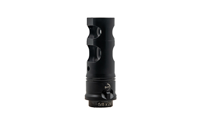 Black muzzle brake with holes and measurement markings.