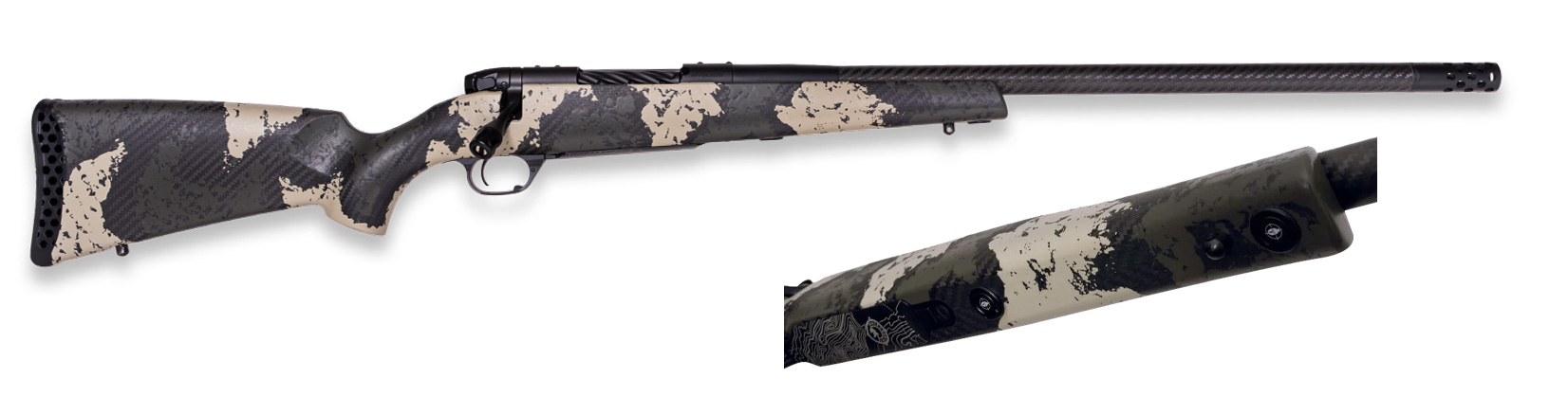 Camouflage bolt-action rifle with carbon fiber barrel
