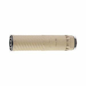 Tan cylindrical firearm suppressor on white background
