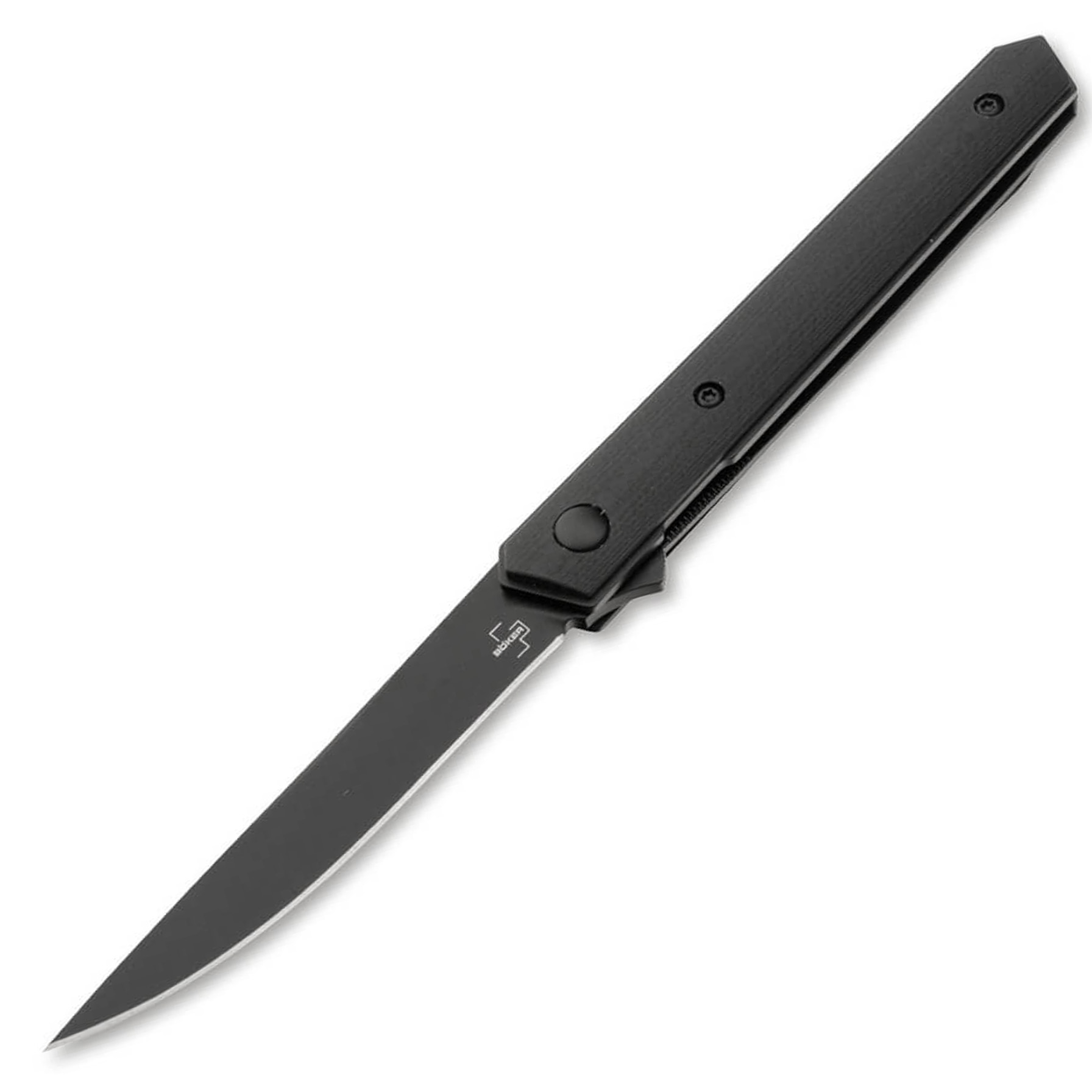 Black folding pocket knife on white background