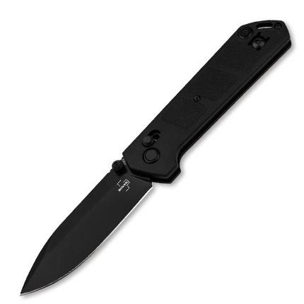 Black folding pocket knife on white background
