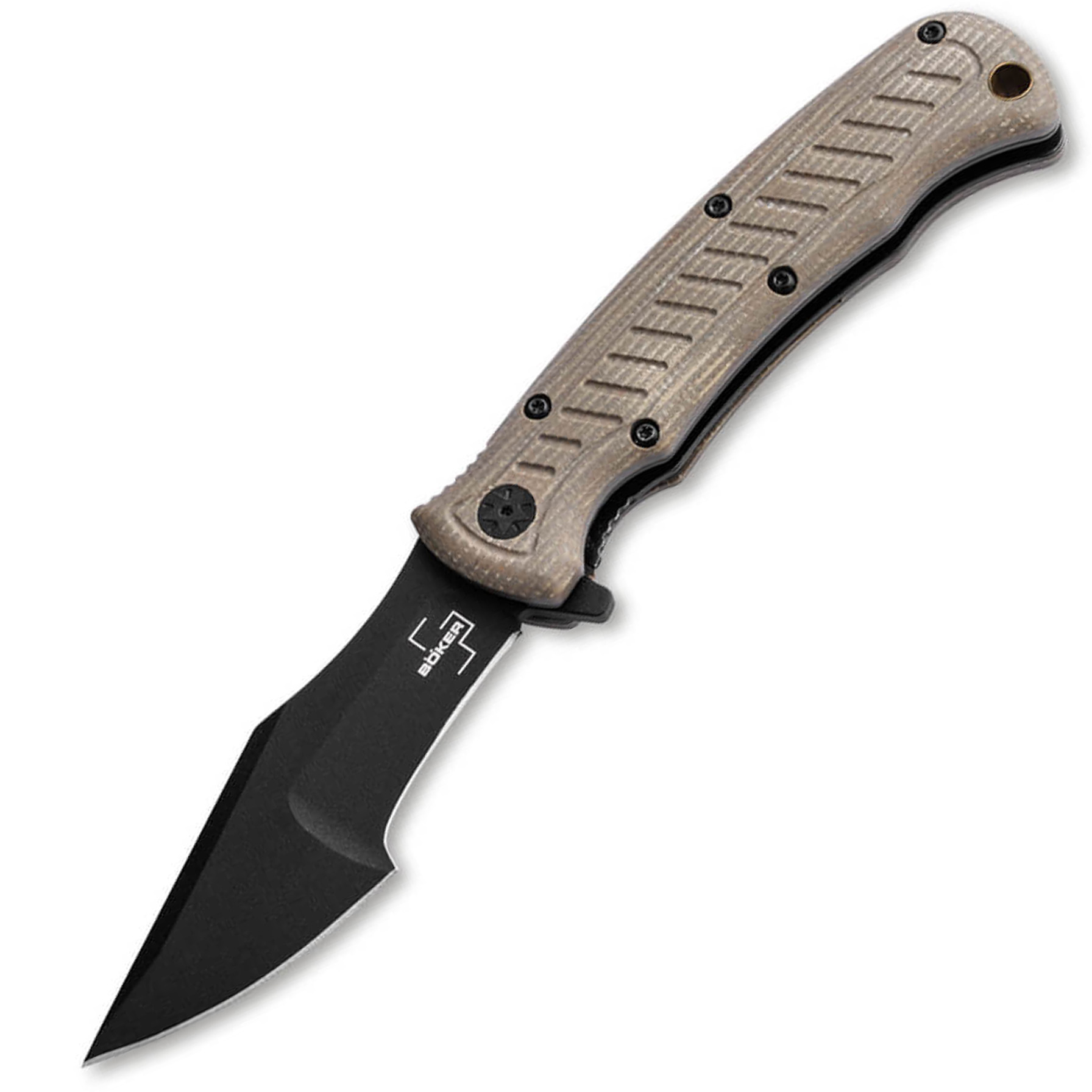 Black folding knife with tan textured handle