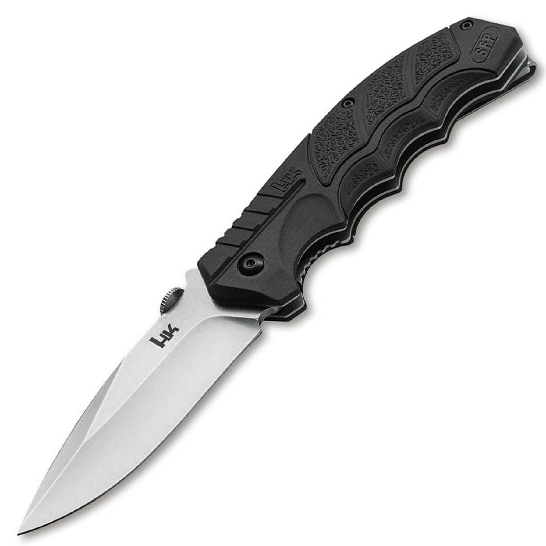 Black folding pocket knife with silver blade