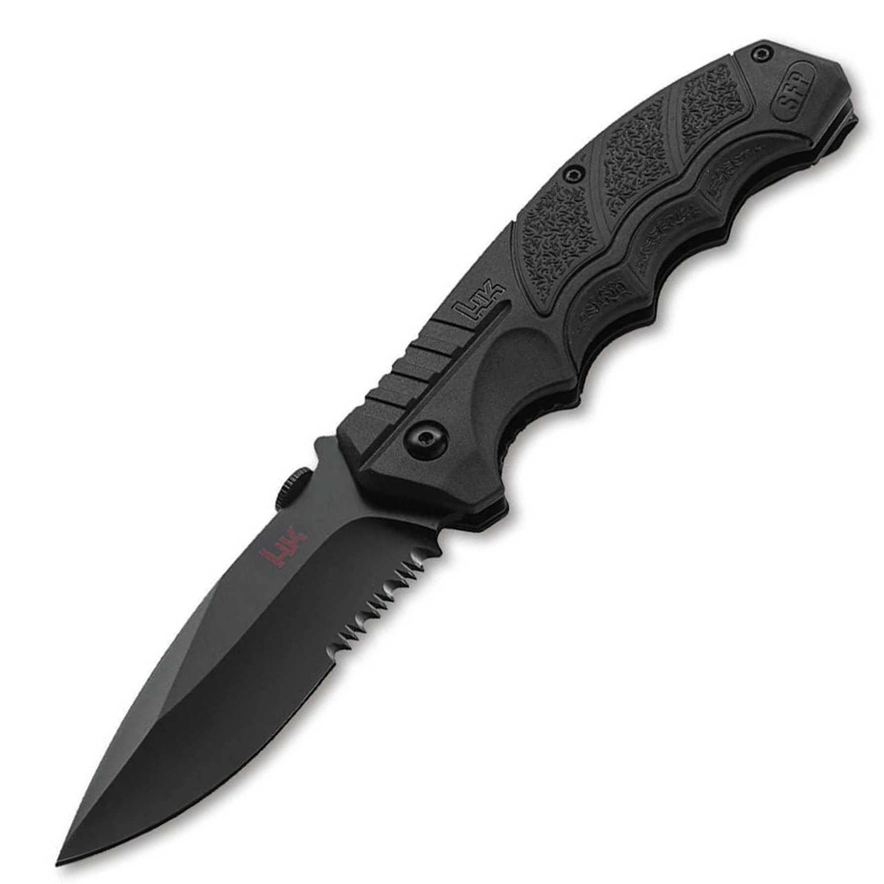 Black tactical folding knife with serrated blade